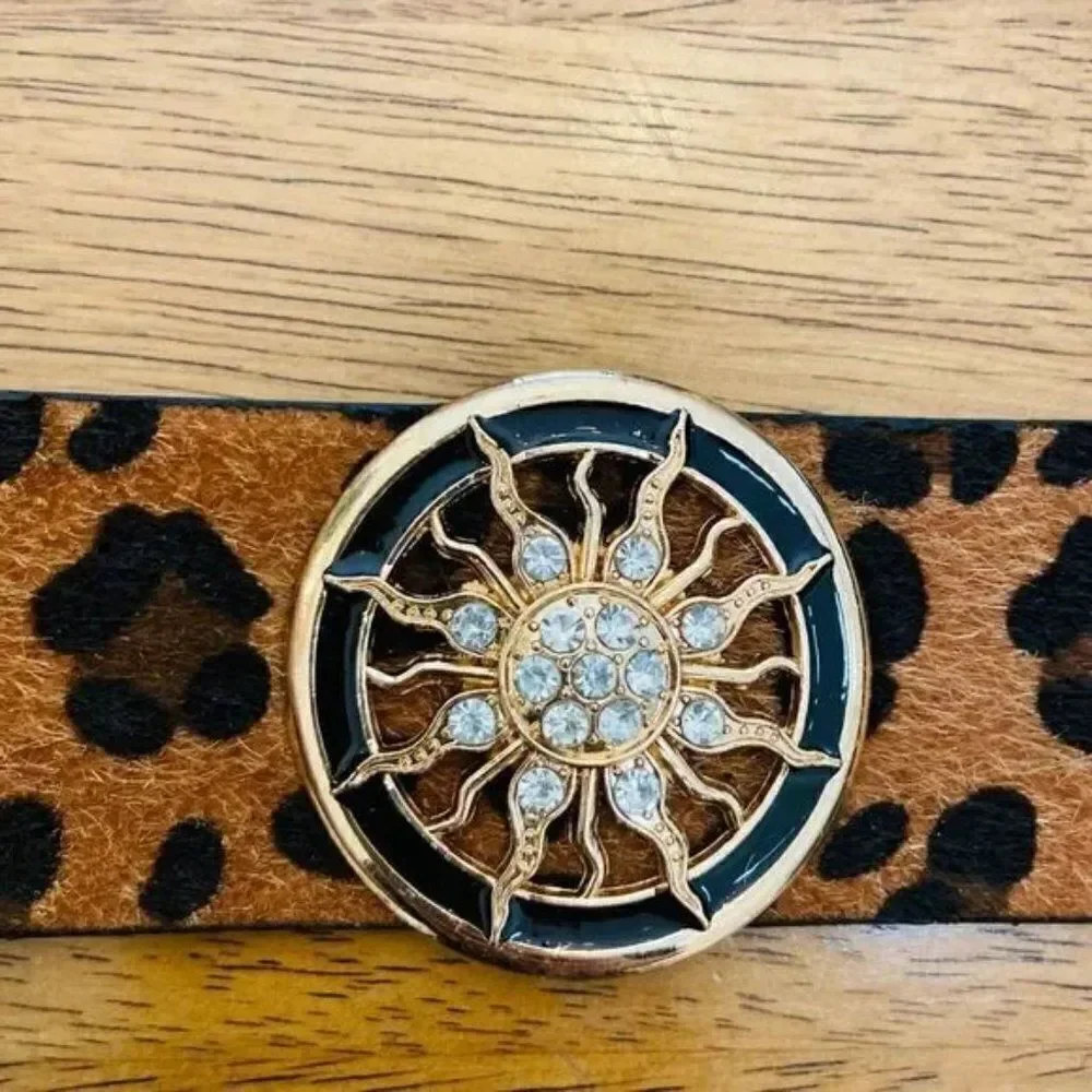 Chic Leopard Print Fur Cuff Bracelet Rhinestone Sun Medallion Boho Gold Jewelry - Picture 6 of 9